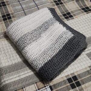 Beautiful handmade crochet blanket throw stripes greys and white rug